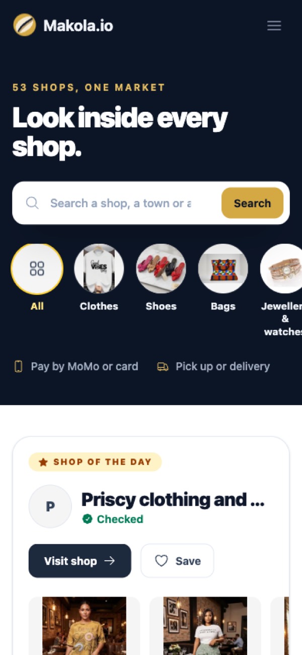 The Makola.io shop directory on a phone, with a search box for a shop, town or region and categories such as clothes, shoes and bags