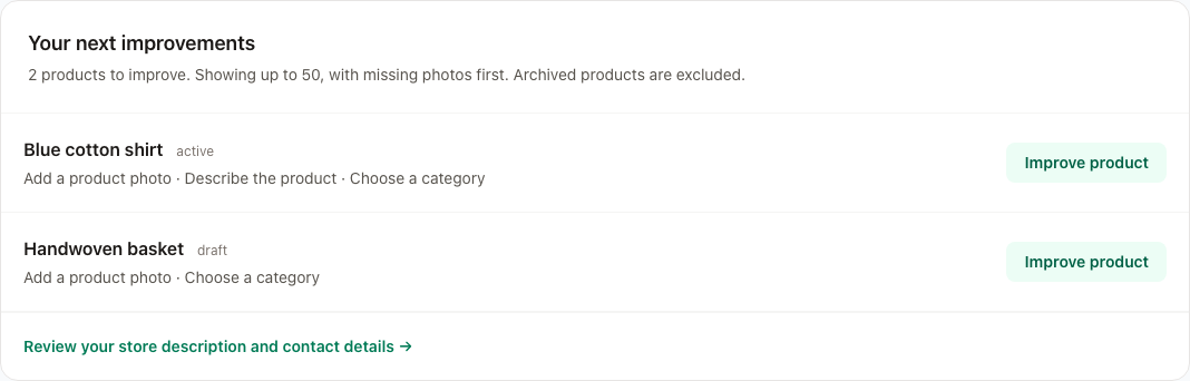Makola SEO coach showing missing photos, descriptions and categories for two demonstration products